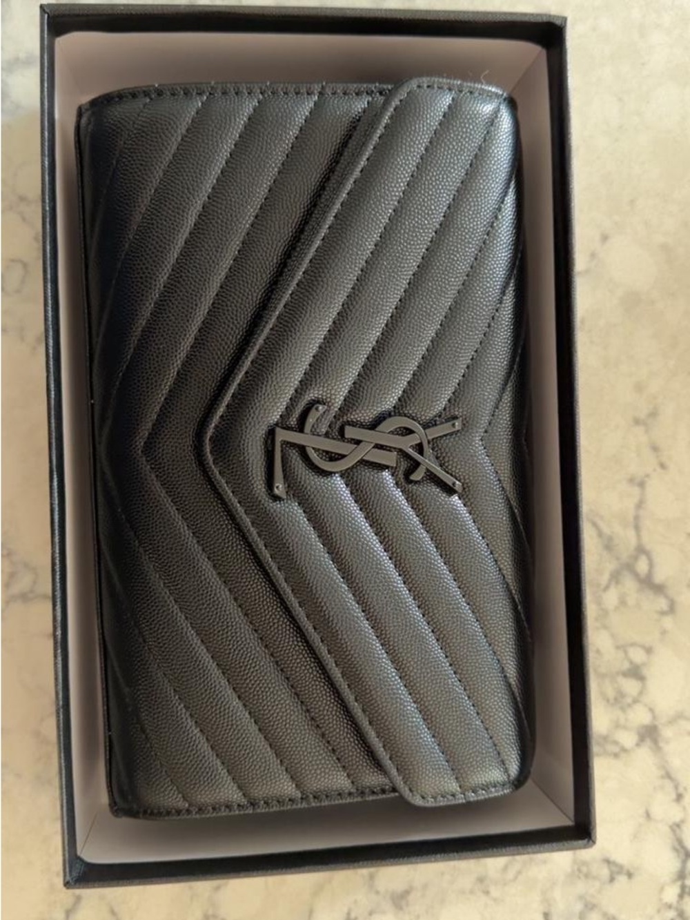 Saint Laurent Black Quilted Chevron Wallet with YSL Logo